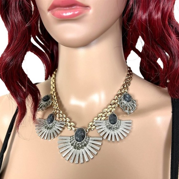 Fan Pendant Statement Necklace with Stone Gold Silver Blue Two Tone Boho Classic - Picture 1 of 6